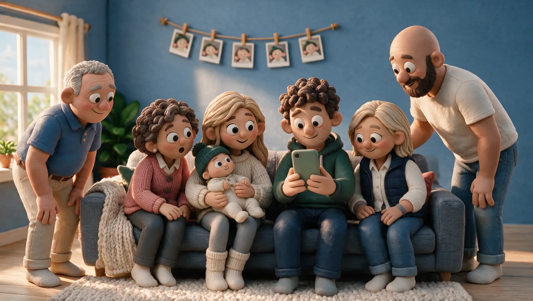 Kleifiguurtjes: ouders, twee oma’s, een opa en een oom kijken samen op één telefoon naar een foto van de baby, terwijl die gewoon in mama’s armen ligt