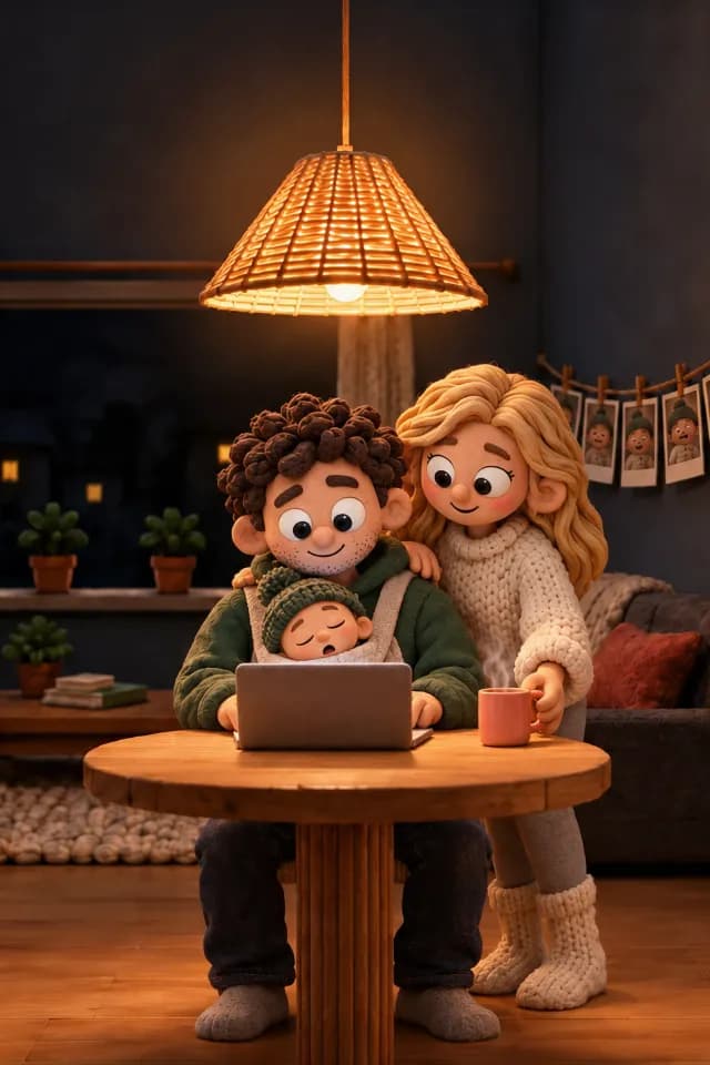 Kleifiguurtjes: ’s avonds laat aan de keukentafel kijken een vader en moeder samen op de laptop, hun slapende zoontje in een draagzak op papa’s borst