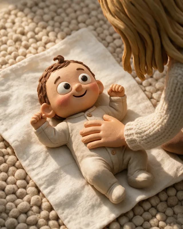 Kleifiguurtje van een baby op een hydrofiele doek die voor het eerst naar zijn moeder lacht